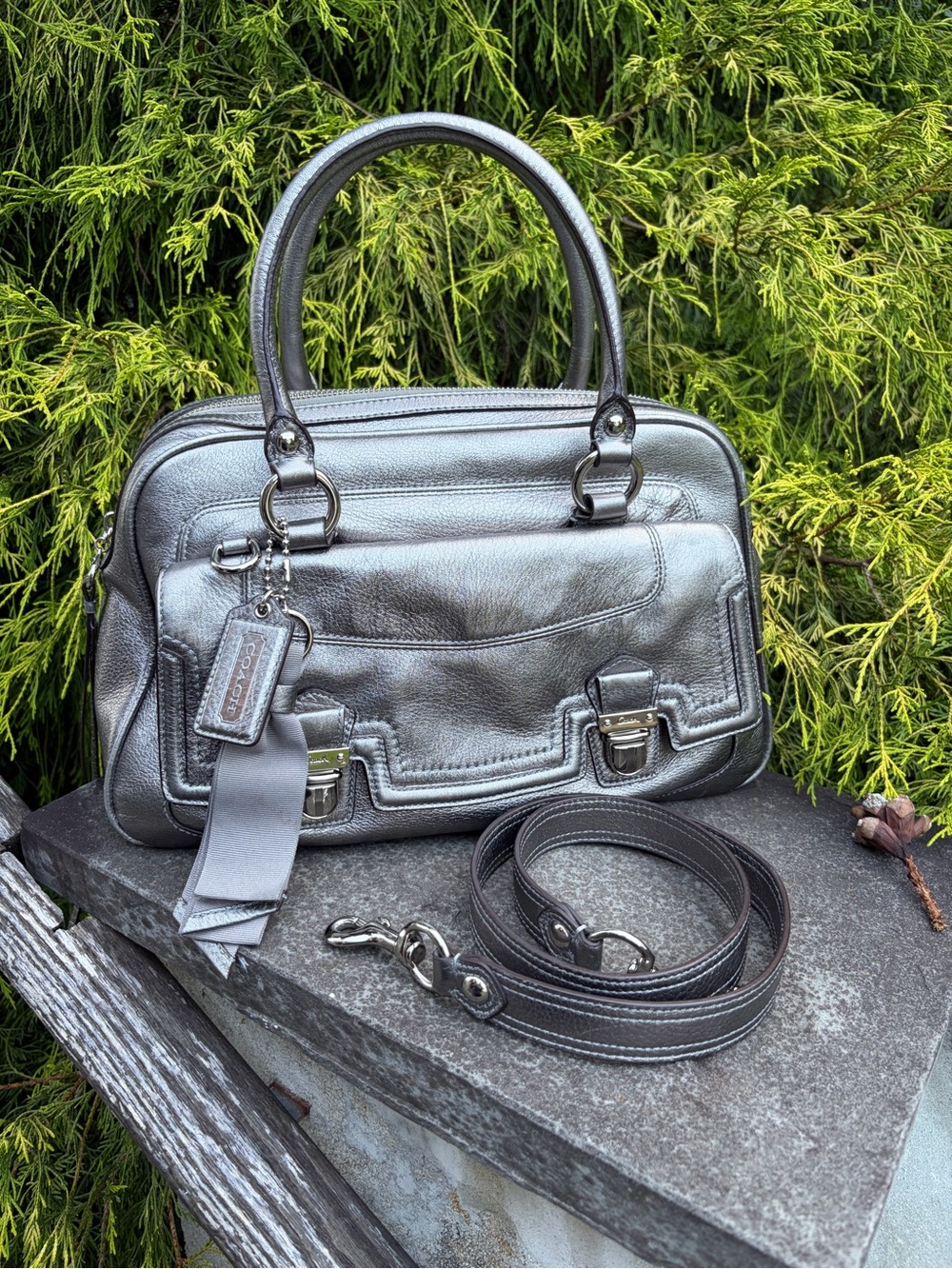 Coach Poppy Metallic Leather  Silver Pushlock Satchel 17888 With Crossbody Strap